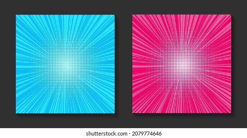 Pop-Art Comic-Sonnenbursthintergrund. Retro-Rochen, helle Sonnenliegen mit Punkten.