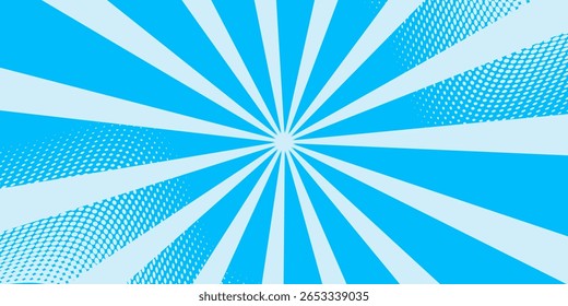 Fondo de efecto sunburst de cómic de arte Pop con semitonos. Fondo de Vector abstracto de dibujos animados.