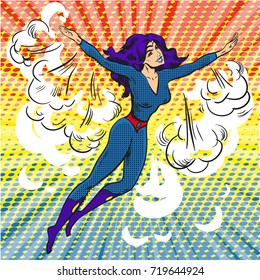 Pop Art Comic Superwoman Character In Clouds And Sun Rays