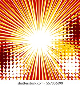 Pop art comic text burst gradient template. Colored halftone background, dot vector illustration. Sunbeam dot backdrop for comic speech bubble and letters