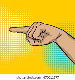 Pop art comic text cartoon strong man hand show finger pointer. Pop art human hand guy arm pointing wow poster halftone dot background. Gesture advertisement arm message. Bright color illustration.
