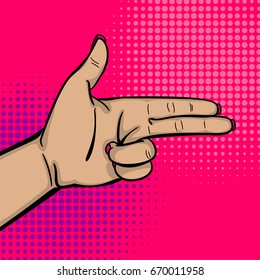 Pop art comic text cartoon cool female woman knuckle hand show bang gun finger. Human girl wow ok, good poster halftone dot background. Gesture advertisement arm message. Bright color illustration.