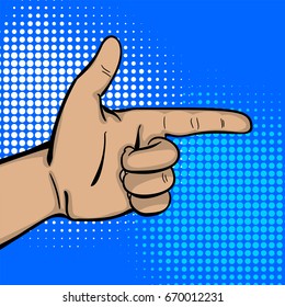 Pop art comic text cartoon vintage strong man hand show finger pointer. Pop art man hand human guy wow poster halftone dot background. Gesture advertisement arm message. Bright color illustration.