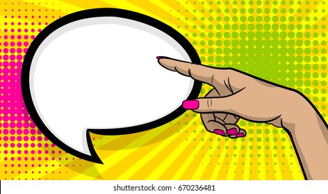 Pop art comic text cartoon female woman girl hand show finger pointer speech bubble. Pop art woman  hand wow poster halftone dot background. Gesture pop art girl advertisement arm message illustration