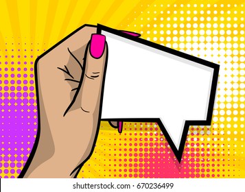 Pop art comic text cartoon female girl woman hand show empty speech bubble, message balloon. Pop art woman hand hold wow poster halftone dot background. Gesture advertisement vintage arm illustration.