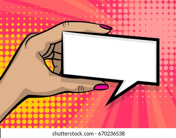 Pop art comic text cartoon female girl woman hand show empty speech bubble, message balloon. Pop art woman hand hold wow poster halftone dot background. Gesture advertisement vintage arm illustration.