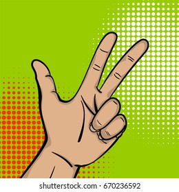 Pop art comic text cartoon strong man hand show number three finger. Human wow poster halftone dot background. Pop art gesture advertisement arm message. Bright color illustration.