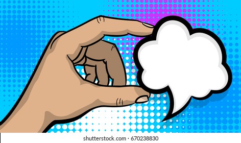Pop art comic text cartoon strong man hand show empty speech bubble, message balloon. Human guy wow comic poster halftone dot background. Gesture pop art vintage man advertisement arm illustration.