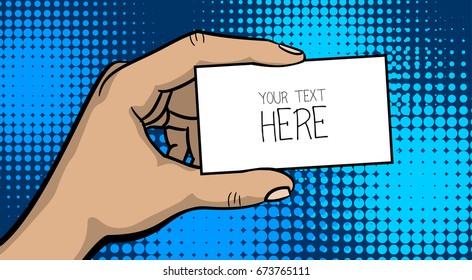 Pop art comic text cartoon vintage strong man hand show empty speech bubble, business card. Human guy wow comic book poster halftone dot background. Gesture advertisement pop art arm illustration.