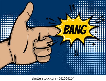 Pop art comic text cartoon strong man hand show finger bang. Human guy wow poster halftone dot comic text  background. Gesture advertisement arm message. Bright color speech bubble illustration.