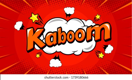 Cómic de arte pop con kaboom de texto, estrellas, nube explosiva, luz solar y ilustración vectorial de fondo de Punto Rojo