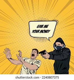Pop Art Comic Thief with Gun, Pop Art Scared Man Vector Illustration