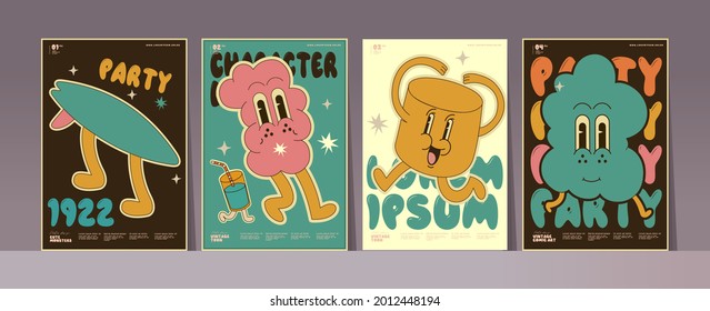 Pop art, comic, typography, vintage design. Set of vector illustrations in retro style. Funny vintage cartoon characters. Simple background images for poster, cover, banner, desktop wallpaper. 