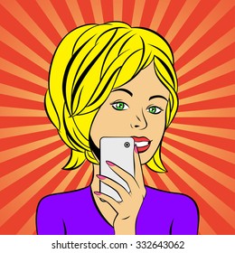 Pop art comic vector illustration of young woman making selfie