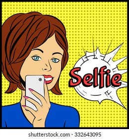 Pop art comic vector illustration of young woman making selfie 
