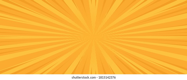 Pop art comic yellow background. Summer backdrop. Sunbeam Pattern yellow colored. Vintage vector halftone illustration. EPS 10