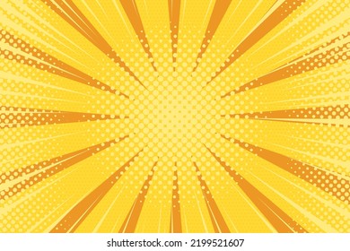 Pop art comic yellow background with halftone, rays, gradient. Vector cartoon illustration in retro style. Design for comic book, poster, banner