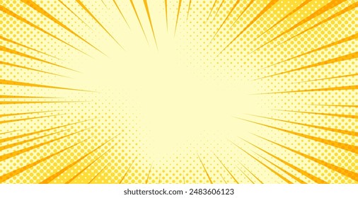 Pop art comic yellow background with halftone, rays, gradient. Vector cartoon illustration in retro style. Design for comic book, poster, banner