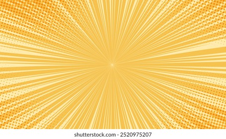 Pop art quadrinhos fundo amarelo com meio-tom, raios, gradiente. Ilustração de desenho animado vetorial em estilo retrô. Design para quadrinhos, cartaz, banner