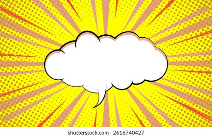 Pop art comic yellow background with cloud bubble, halftone texture and burst. Cartoon Illustration