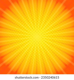 Pop art comic yellow-orange background with rays and halftone dots, vector illustration, retro artistic backdrop, beautiful design element