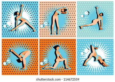 Pop Art Comic yoga, pilates big set of vector symbols