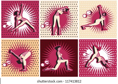 Pop Art Comic yoga, pilates big set of vector symbols