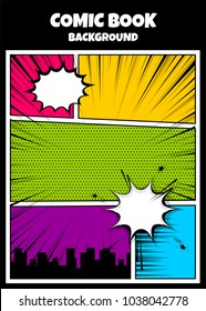 Pop Art Comics Book Magazine Cover Template. Cartoon Funny Vintage Strip Comic Superhero, Text Speech Bubble Balloon, Box Message, Burst Bomb. Vector Colored Halftone Illustration. Blank Humor Graphic