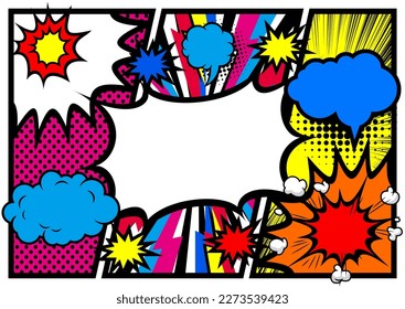 Pop art comics book magazine, speech bubble, balloon, box message. For sale banner, empty speech bubble set, vector illustration halftone book design