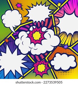 Pop art comics book magazine, speech bubble, balloon, box message. For sale banner, empty speech bubble set, vector illustration halftone book design