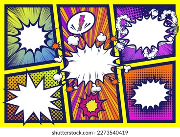 Pop art comics book magazine, speech bubble, balloon, box message. For sale banner, empty speech bubble set, vector illustration halftone book design