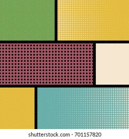 Pop art comics book magazine cover template. Cartoon funny vintage strip mock up. Vector halftone illustration. Blank rectangle for comic superhero text, speech bubble, message. Humor graphic.