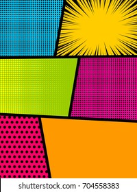 Pop art comics book magazine cover template. Cartoon funny vintage strip mock up. Vector halftone illustration. Blank rectangle for comic superhero text, speech bubble, message. Humor graphic.