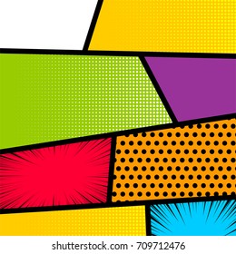 Pop art comics book magazine cover template. Cartoon funny vintage strip mock up. Vector halftone illustration. Blank rectangle for comic superhero text, speech bubble, message. Humor graphic.