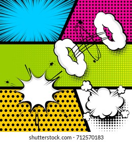 Pop Art Comics Book Magazine Cover Template. Cartoon Funny Vintage Strip Comic Superhero Text, Speech Bubble, Balloon, Box Message, Burst Bomb. Vector Halftone Illustration. Blank Humor Graphic.