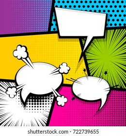 Pop Art Comics Book Magazine Cover Template. Cartoon Funny Vintage Strip Comic Superhero Text, Speech Bubble, Balloon, Box Message, Burst Bomb. Vector Halftone Illustration. Blank Humor Graphic.