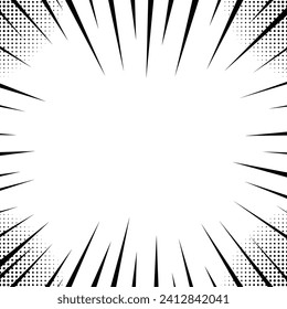 Pop art comics book style radial speed lines. Action background monochrome solar explosion. Vector vintage halftone effect. Comic explosion concept for text, anime, comics. Vector illustration