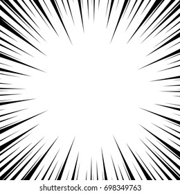 Pop art comics book style radial speed line. Action background monochrome sunburst. Vector vintage illustration halftone effect. Wow concept comic burst for text, anime, manga design template.