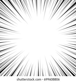Pop art comics book style radial speed line. Action background monochrome sunburst. Vector vintage illustration halftone effect. Wow concept comic burst for text, anime, manga design template.