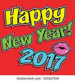 Pop Art comics icon "Happy New Year 2017". Sticker Vector illustration.