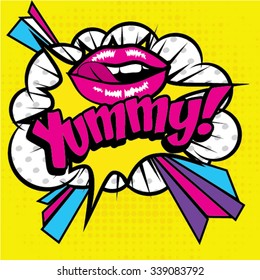 Pop Art comics icon "Yummy!". Speech Bubble Vector illustration.