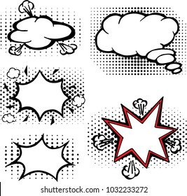 The pop art and comics set of dialog bubbles. The outline illustration isolated on a white background with dots.