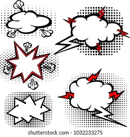 The pop art and comics set of dialog bubbles. The outline illustration isolated on a white background with dots.