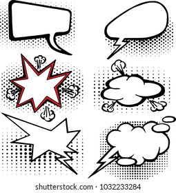 The pop art and comics set of dialog bubbles. The outline illustration isolated on a white background with dots.