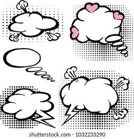The pop art and comics set of dialog bubbles. The outline illustration isolated on a white background with dots.