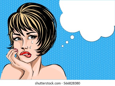 Pop art comics style crying woman portrait with speech bubble, vector illustration