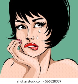 Pop Art Comics Style Crying Woman Portrait, Vector Illustration