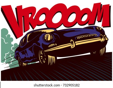 Pop art comics style fast car driving at full speed with vrooom onomatopoeia vector illustration wall decoration poster design