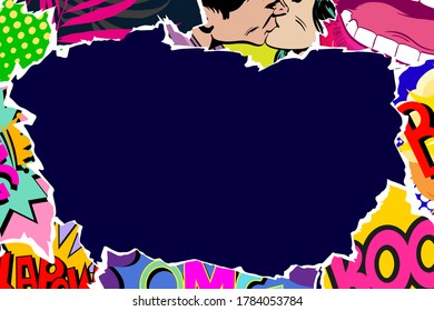 Pop art comics style frame. Collage of torn pieces from comic magazine. Creative art design backgrounds. Vector illustration. 