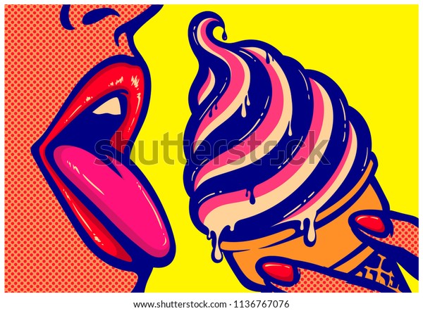 美味しい甘いお菓子のベクターイラストを舌でなめる 女性のセクシーな口を開くポップアート漫画スタイル のベクター画像素材 ロイヤリティフリー